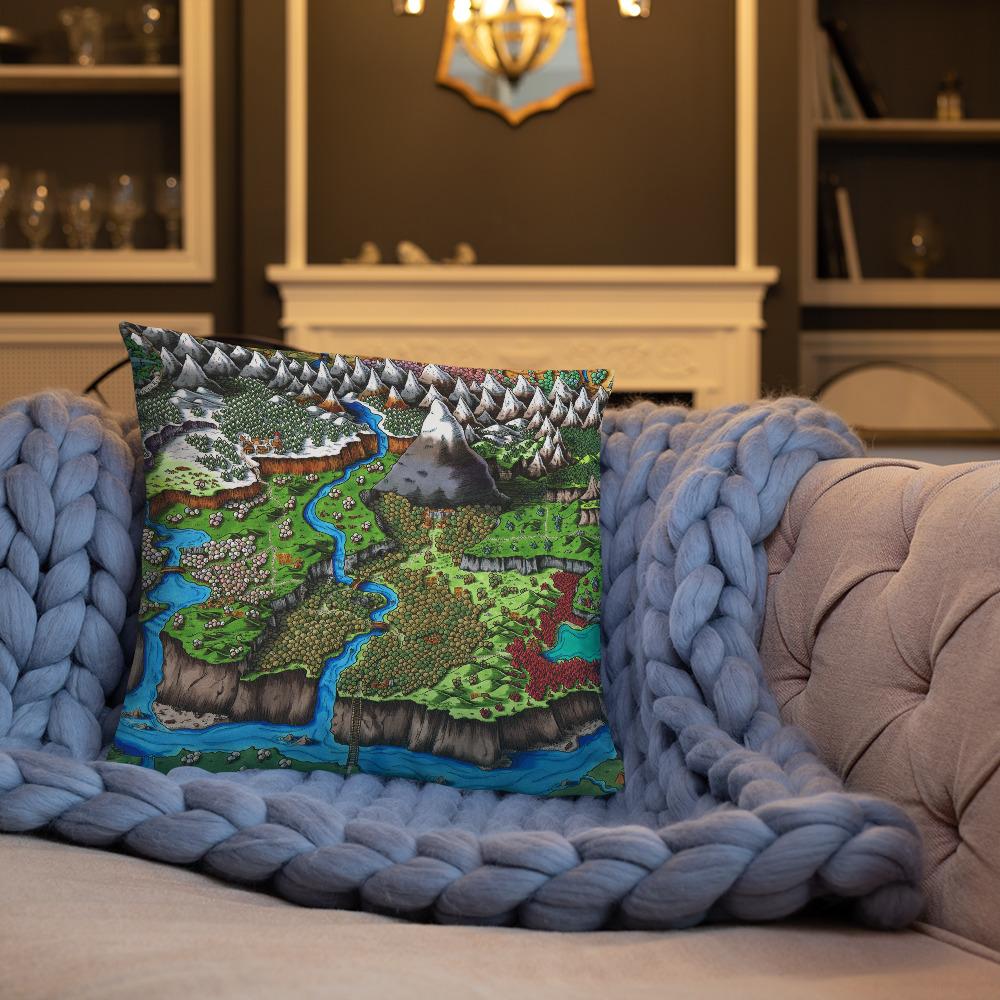 The Steppes of Augrudeen map by Deven Rue, printed on a 18"x18" pillow.