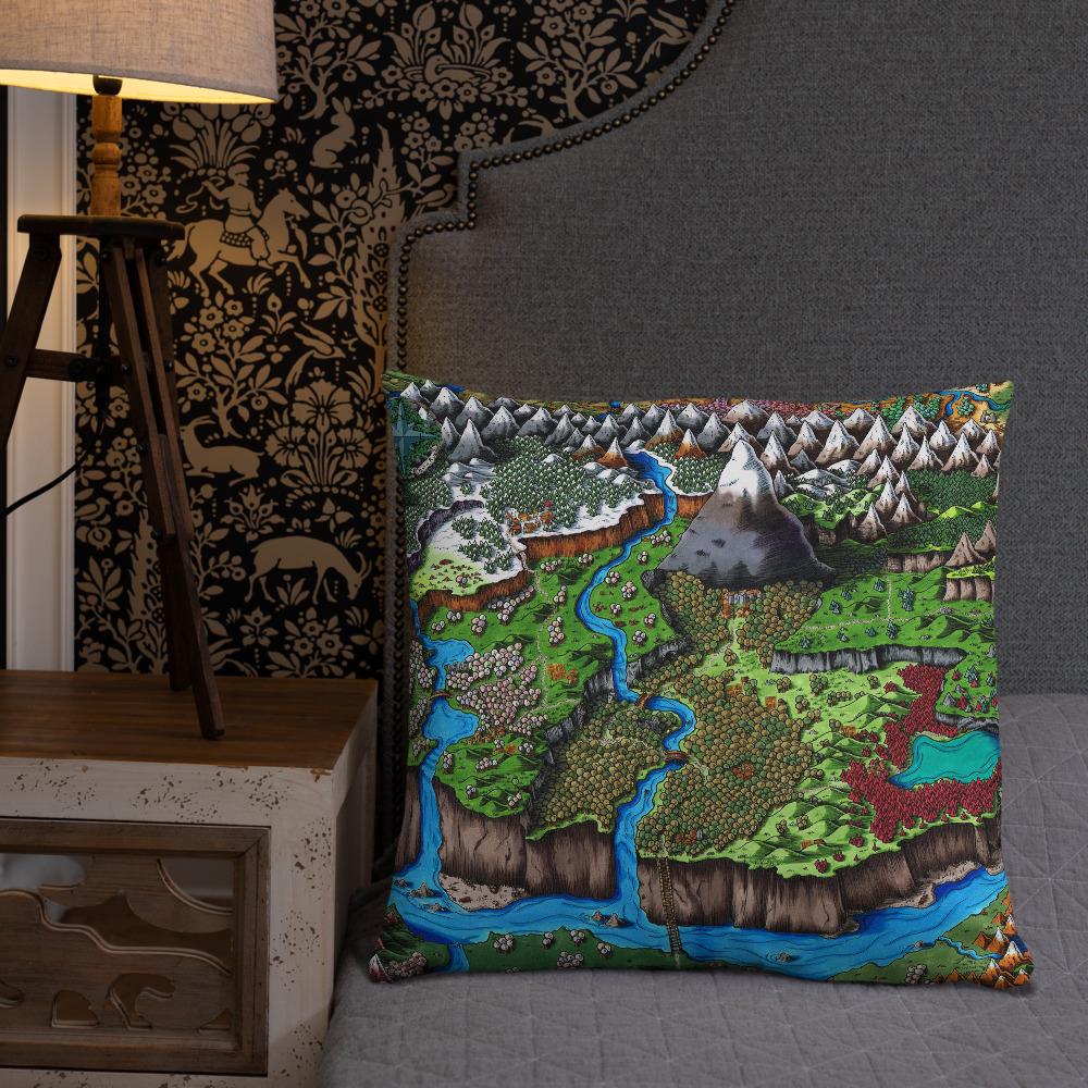 The Steppes of Augrudeen map by Deven Rue, printed on a 22"x22" pillow.