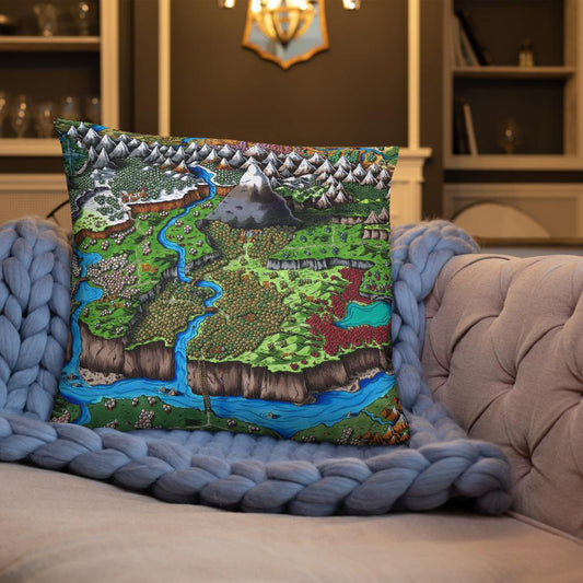 The Steppes of Augrudeen map by Deven Rue, printed on a 22"x22" pillow.