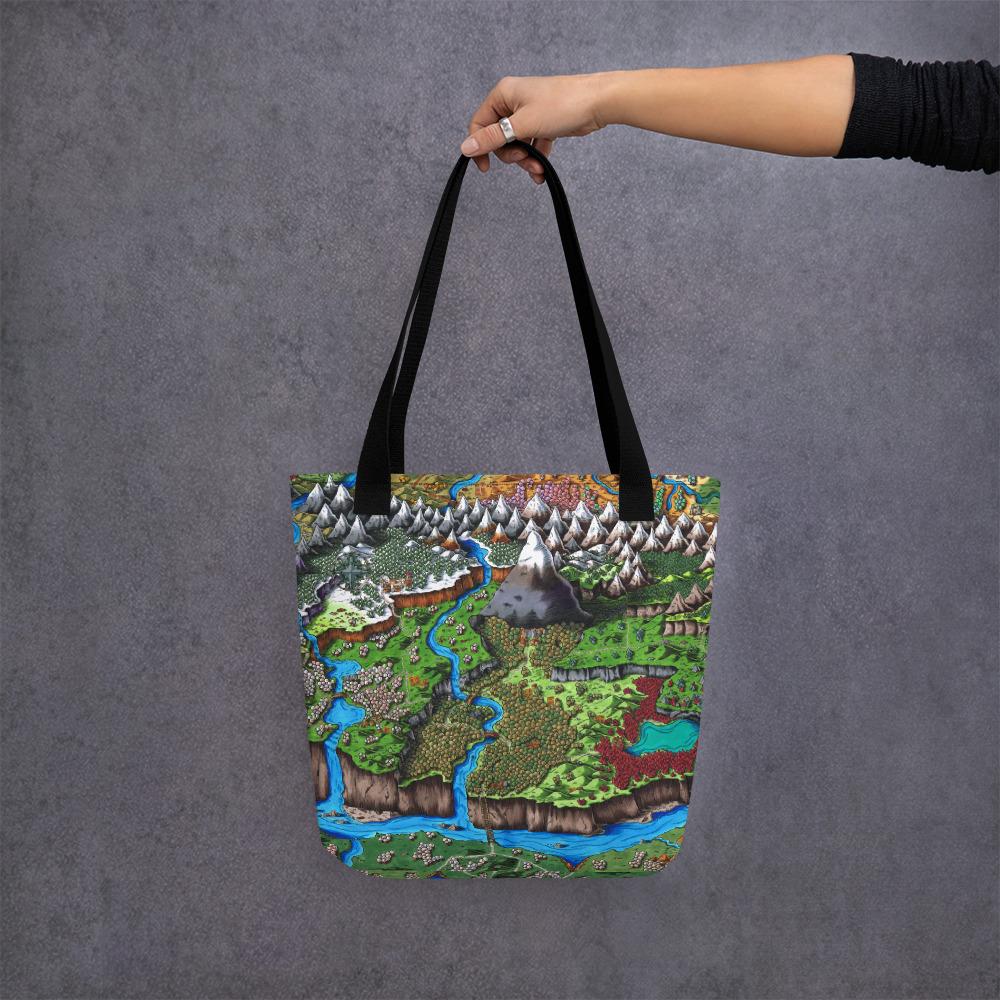 A model holds the colored version of the Steppes of Augrudeen map tote bag.