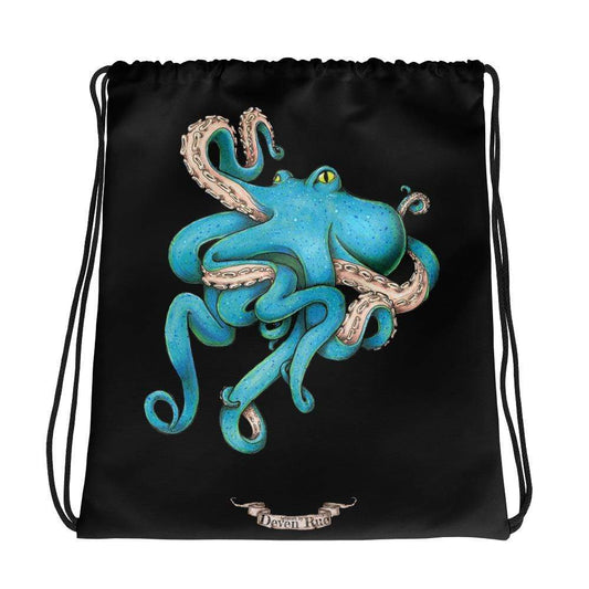 A drawstring bag in black with Deven Rue's blue octopus illustration.