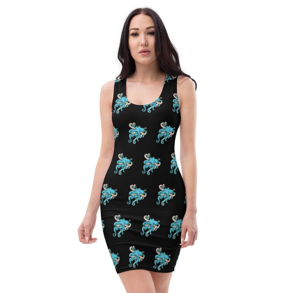 A model wears a fitted black dress with small blue octopi all over it.