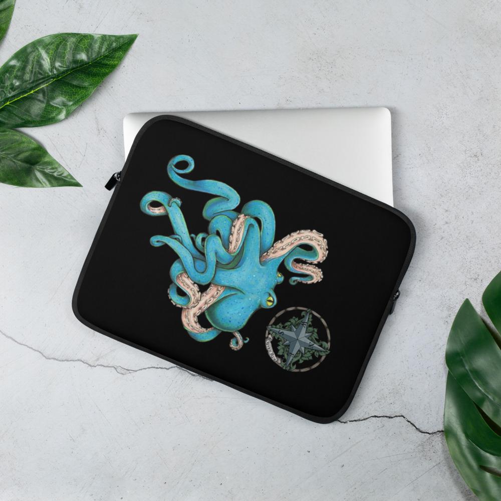 A black laptop sleeve with the blue octopus illustration and the Deven Rue Compass Rose.