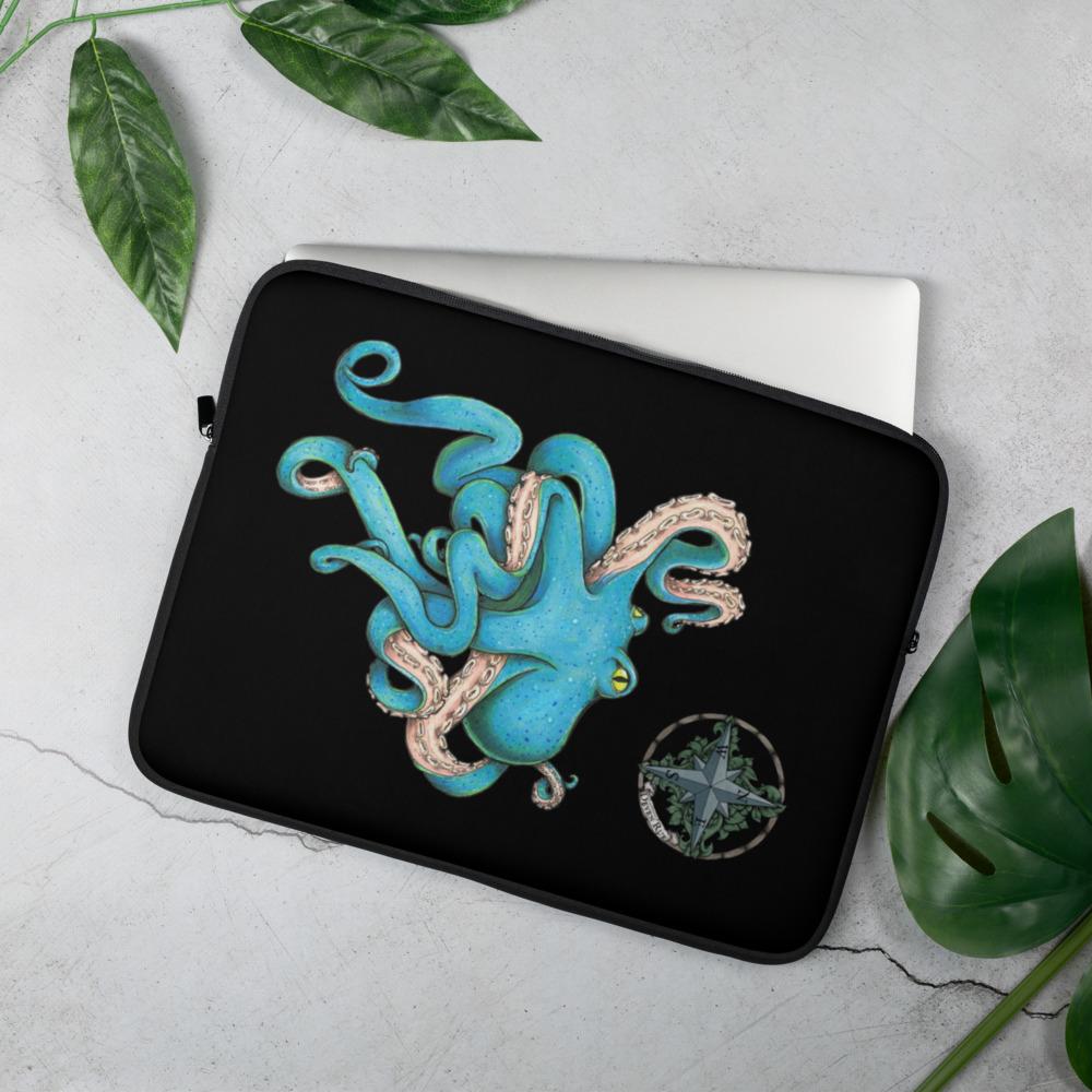 A black laptop sleeve with the blue octopus illustration and the Deven Rue Compass Rose.