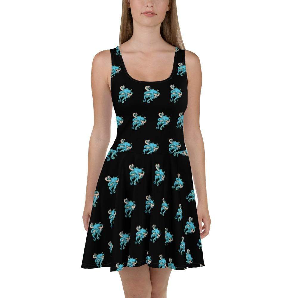 A model wears a skater style dress with small blue octopi all over it.