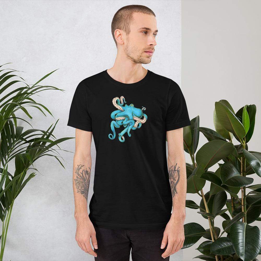 A model wears a black t-shirt with the blue octopus illustration in the middle.