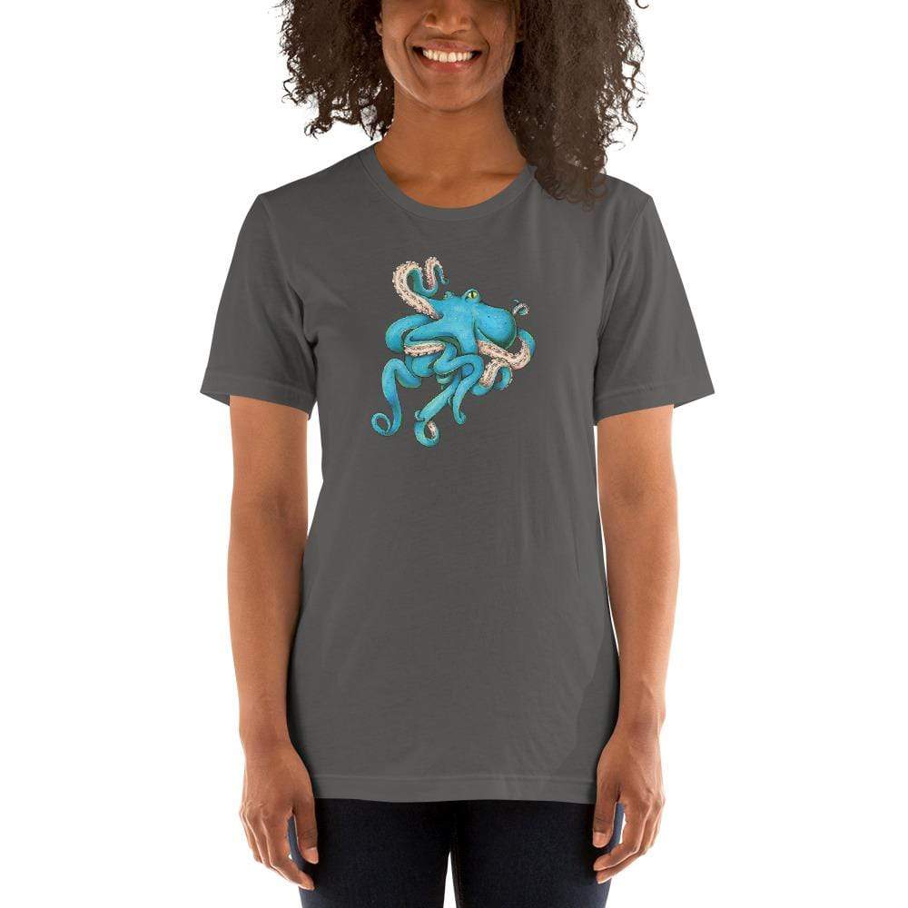 A model wears a grey t-shirt with the blue octopus illustration in the middle.
