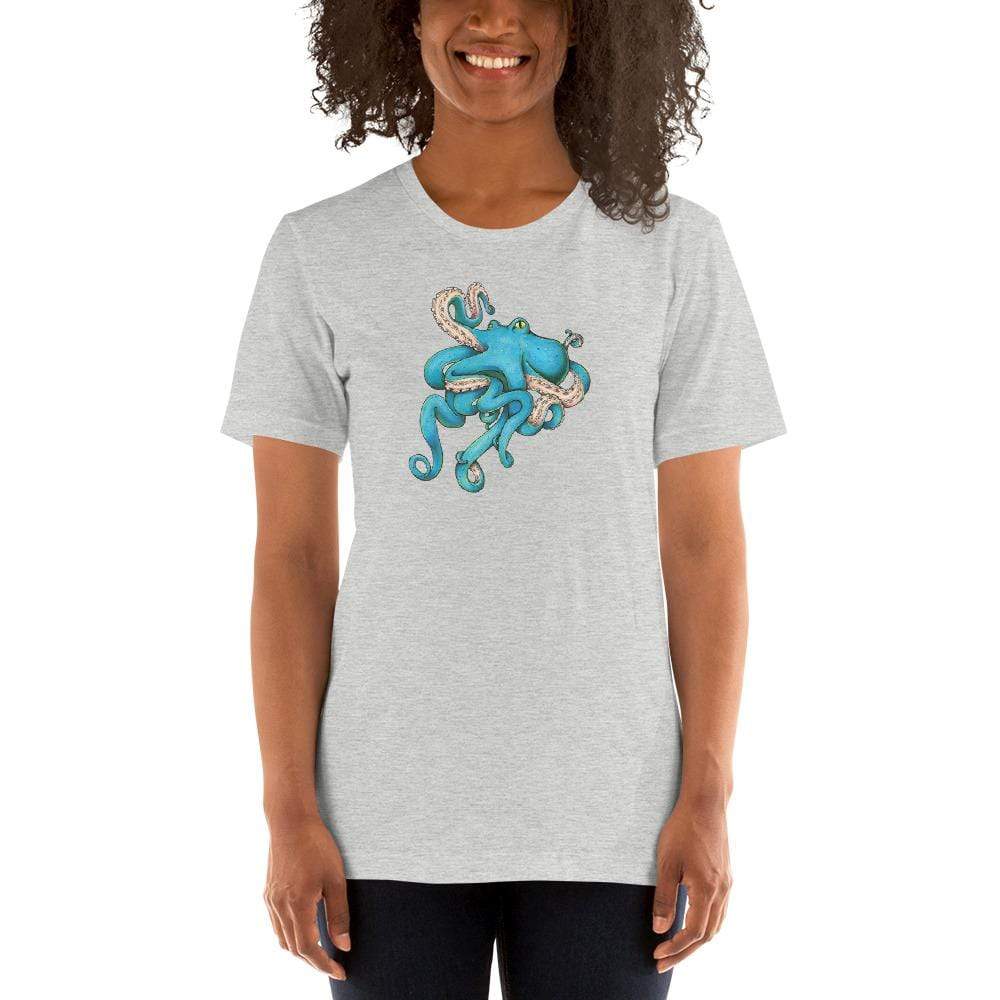 A model wears a light grey heather t-shirt with the blue octopus illustration in the middle.