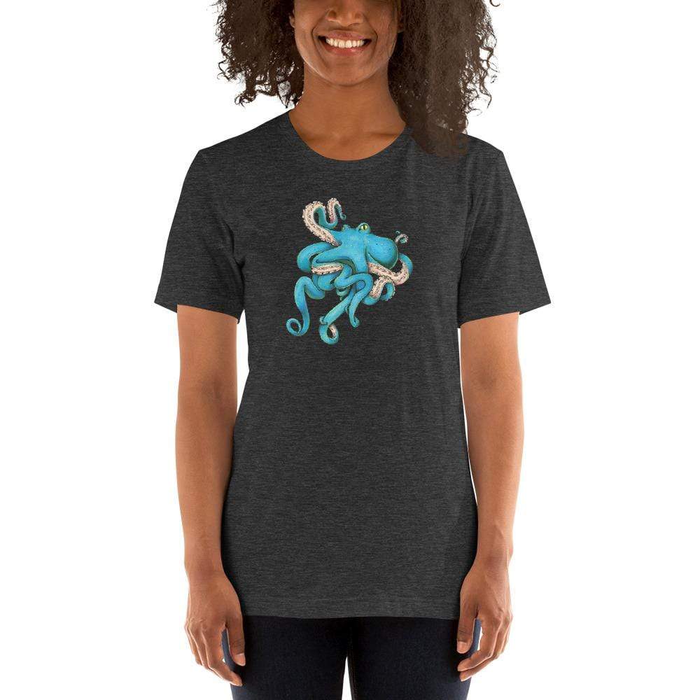 A model wears a grey heather t-shirt with the blue octopus illustration in the middle.