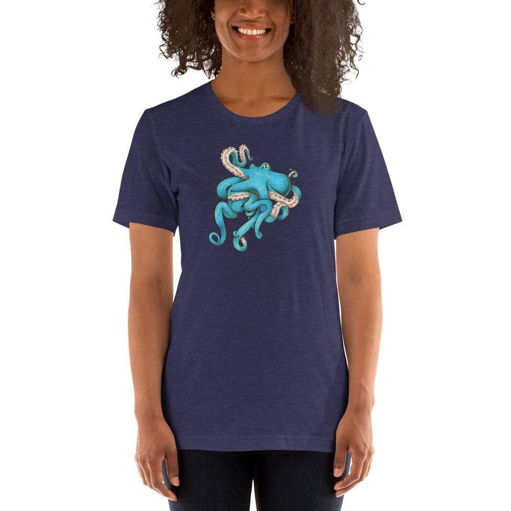 A model wears a navy heather t-shirt with the blue octopus illustration in the middle.