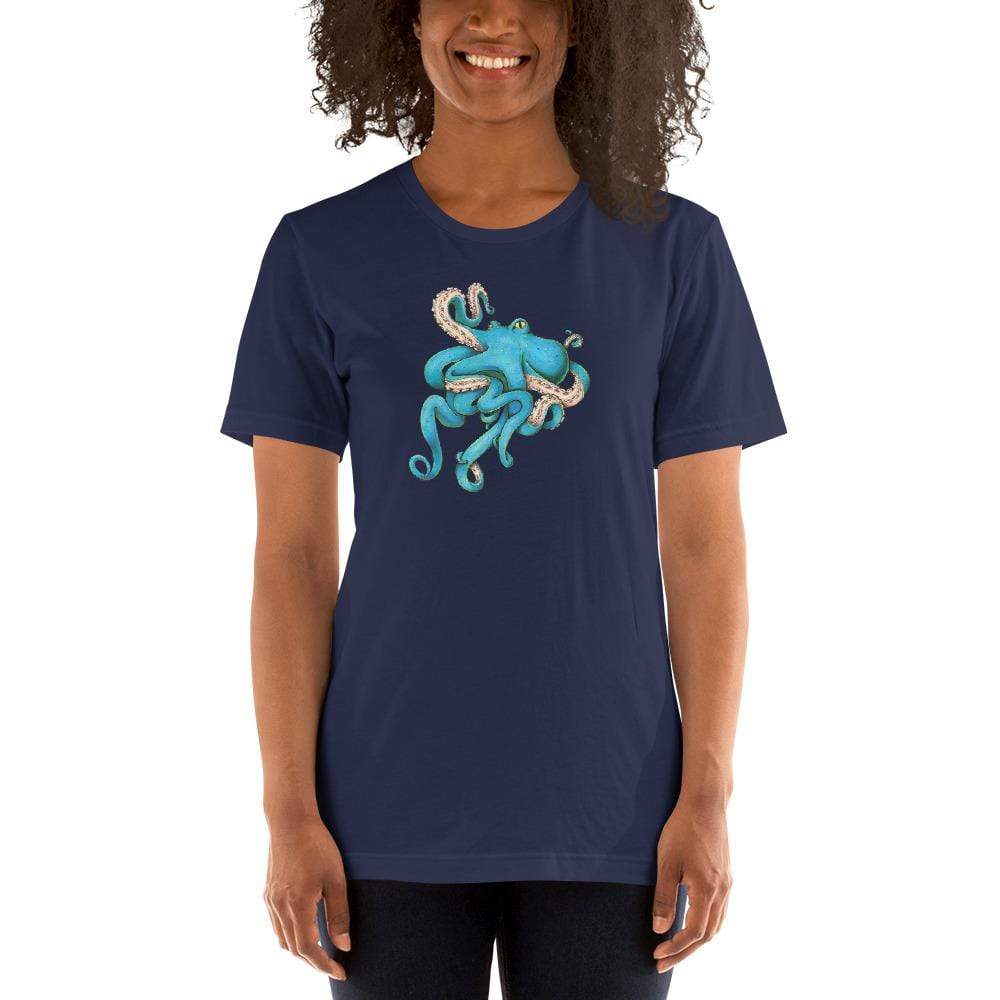A model wears a navy t-shirt with the blue octopus illustration in the middle.