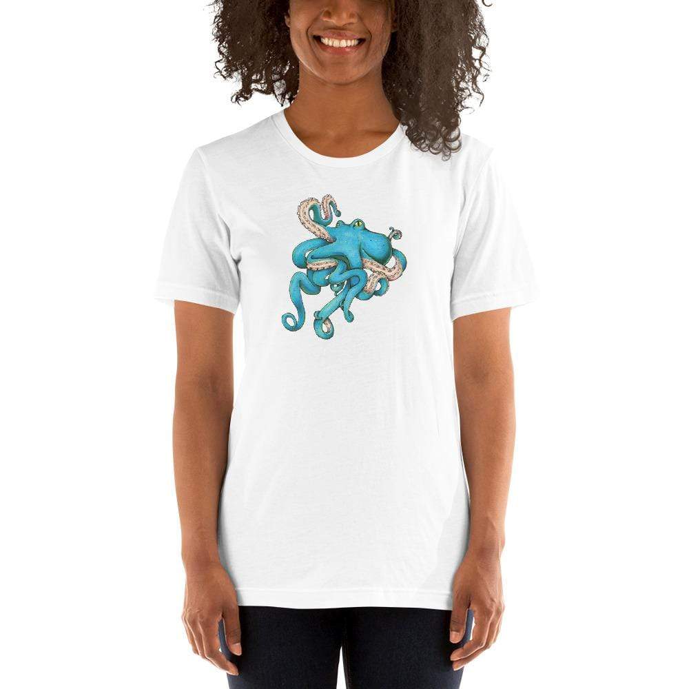 A model wears a white t-shirt with the blue octopus illustration in the middle.