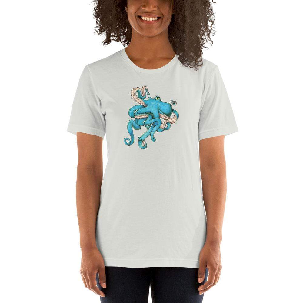A model wears a white t-shirt with the blue octopus illustration in the middle.