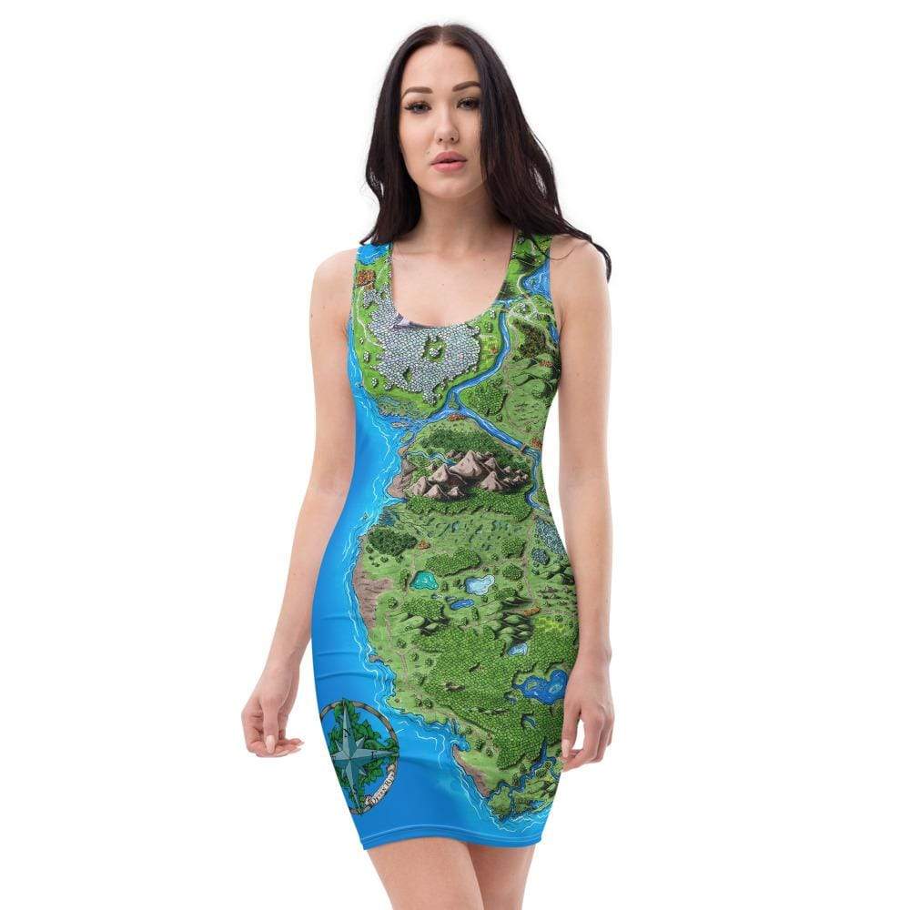 A model wears a fitted tank top dress with the Taur'Syldor map by Deven Rue.