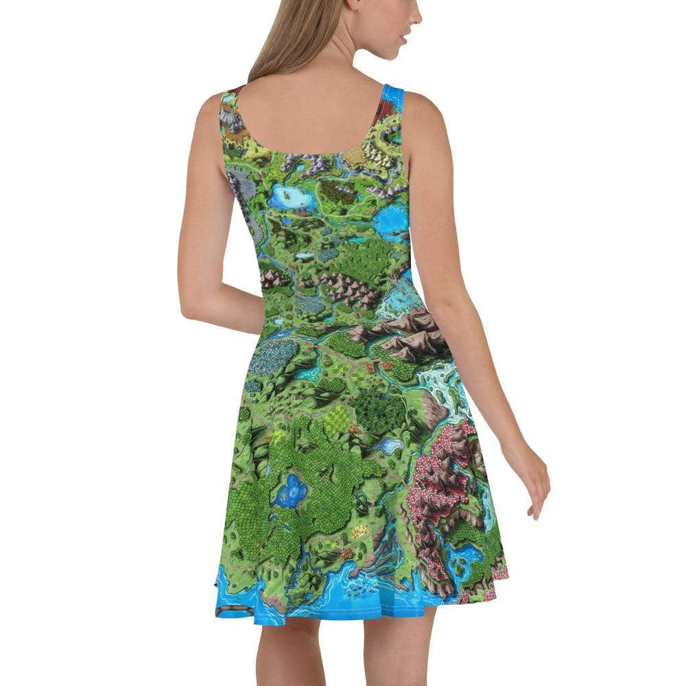 A model wears a tank top skater dress with the Taur'Syldor map by Deven Rue printed on it.