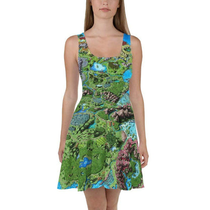 A model wears a tank top skater dress with the Taur'Syldor map by Deven Rue printed on it.