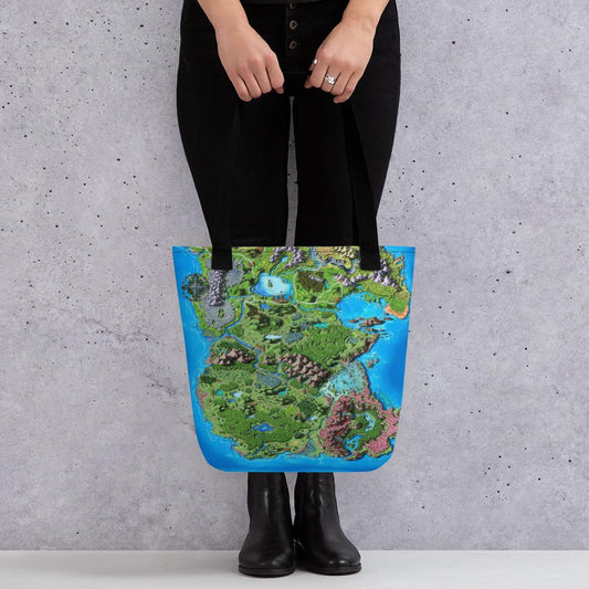 A model holds a tote bag featuring the colored Taur Syldor map.