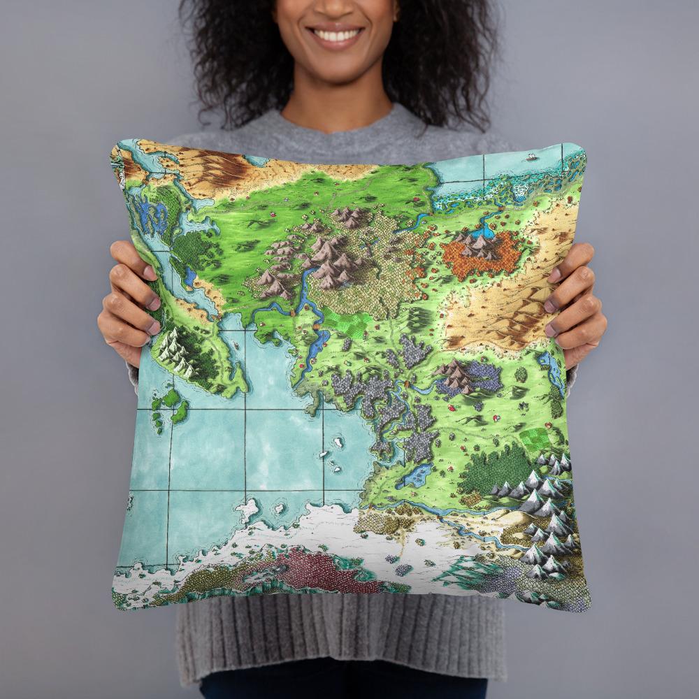 The Queen's Treasure map by Deven Rue, printed on a 18"x18" pillow.