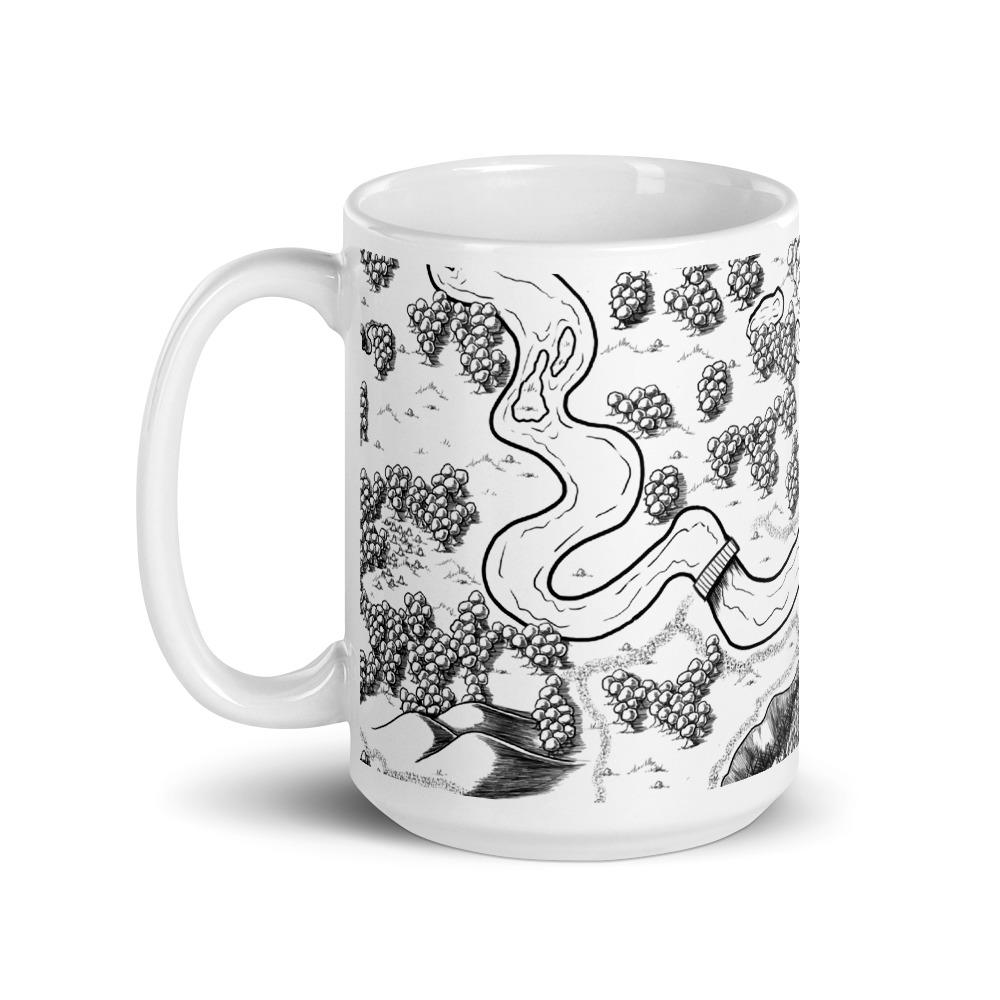 A mug featuring the Winding River black and white map by Deven Rue.
