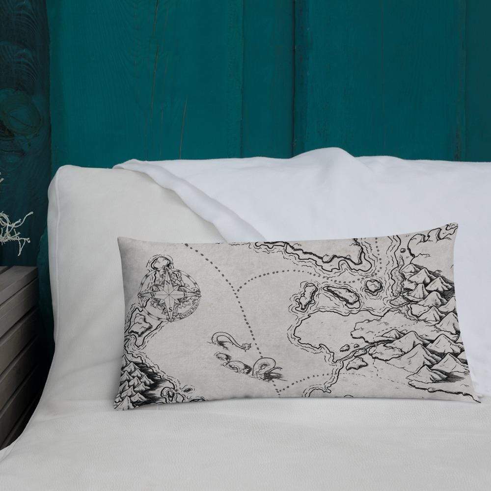 There be Monsters Pillow by Deven Rue on a bed.
