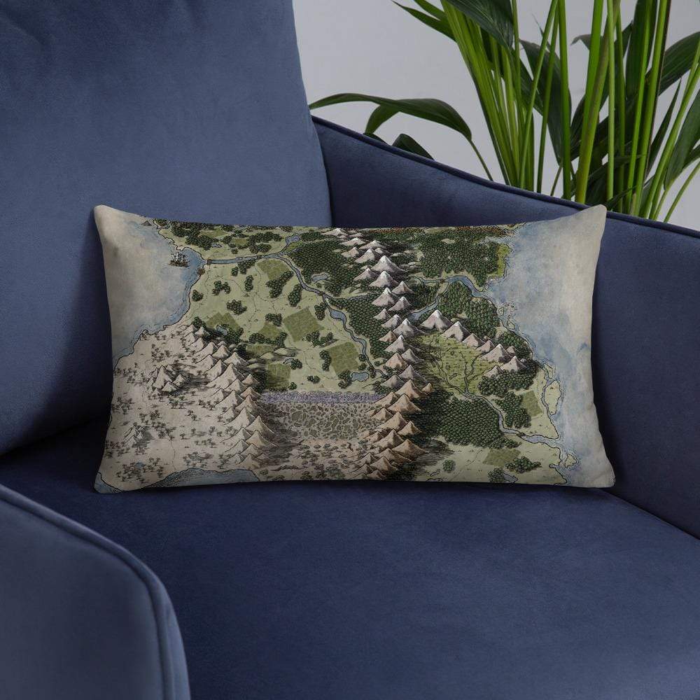 The Vendras map by Deven Rue, printed on a 12"x20" pillow.