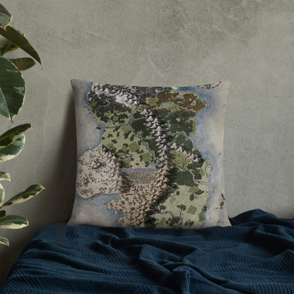The Vendras map by Deven Rue, printed on a 22"x22" pillow.