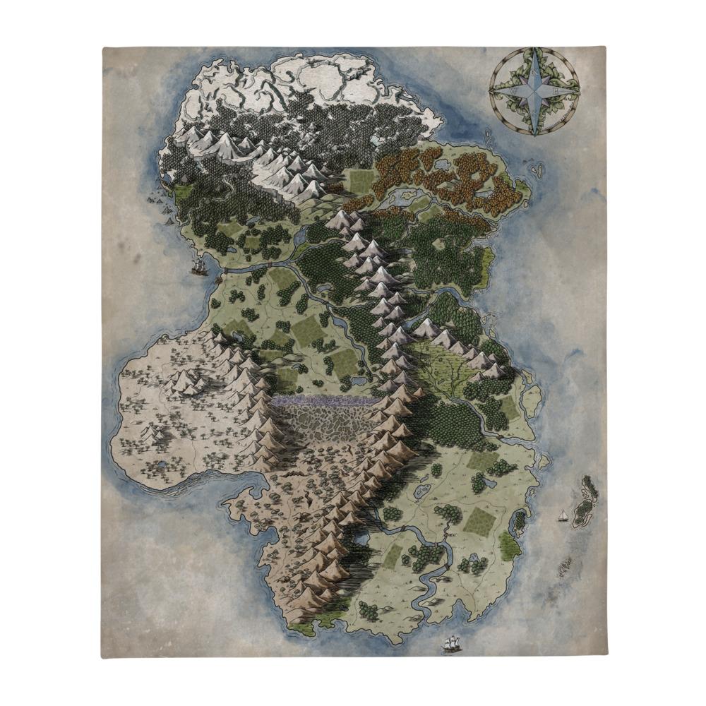 The Vendras map by Deven Rue is printed on a minky blanket, spread out to show the design.