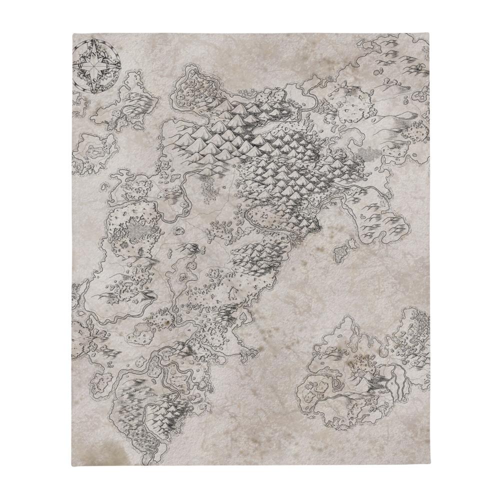 The Vendras map by Deven Rue is printed on a minky blanket, spread out to show the design.