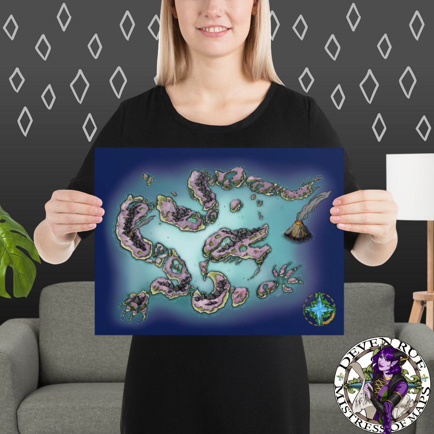 A model holds the colorful Dragon Isles map 12" by 16" poster by Deven Rue.