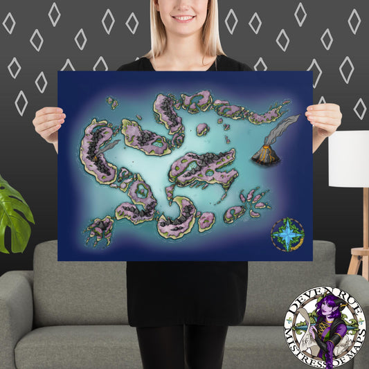 A model holds the colorful Dragon Isles map 18" by 24" poster by Deven Rue.