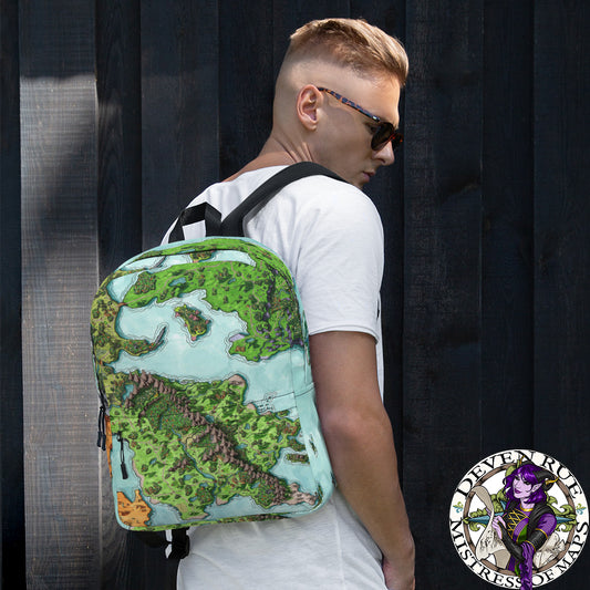 A model wears a backpack with the Euphoros map by Deven Rue printed on it.