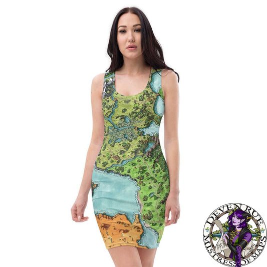 A model wears a fitted tank top dress with the Euphoros map by Deven Rue.