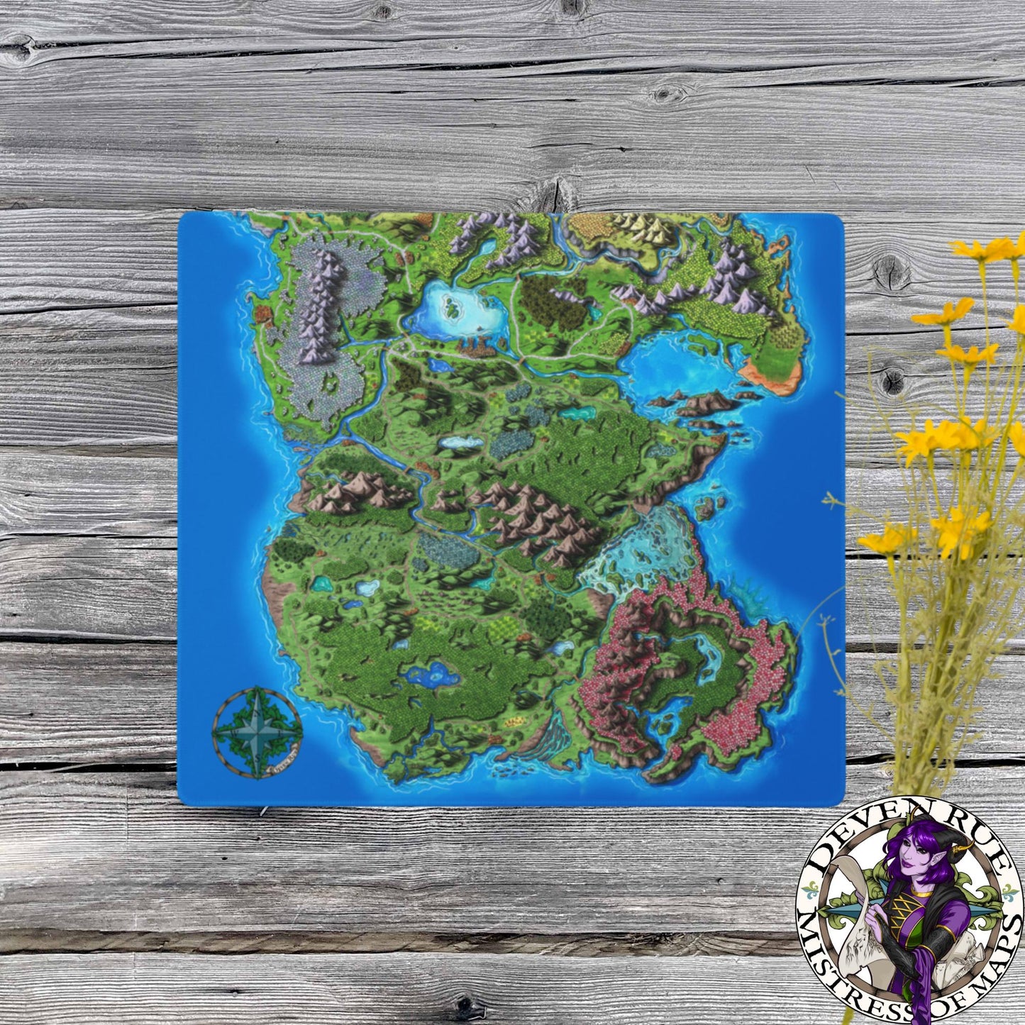 A 18" by 16" mouse pad with the Taur'Syldor map printed on it with a bunch of flowers to the side.