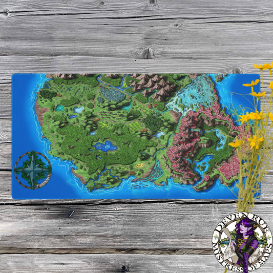 A wide gaming pad for desks with the Taur'Syldor colored map by Deven Rue printed on it.