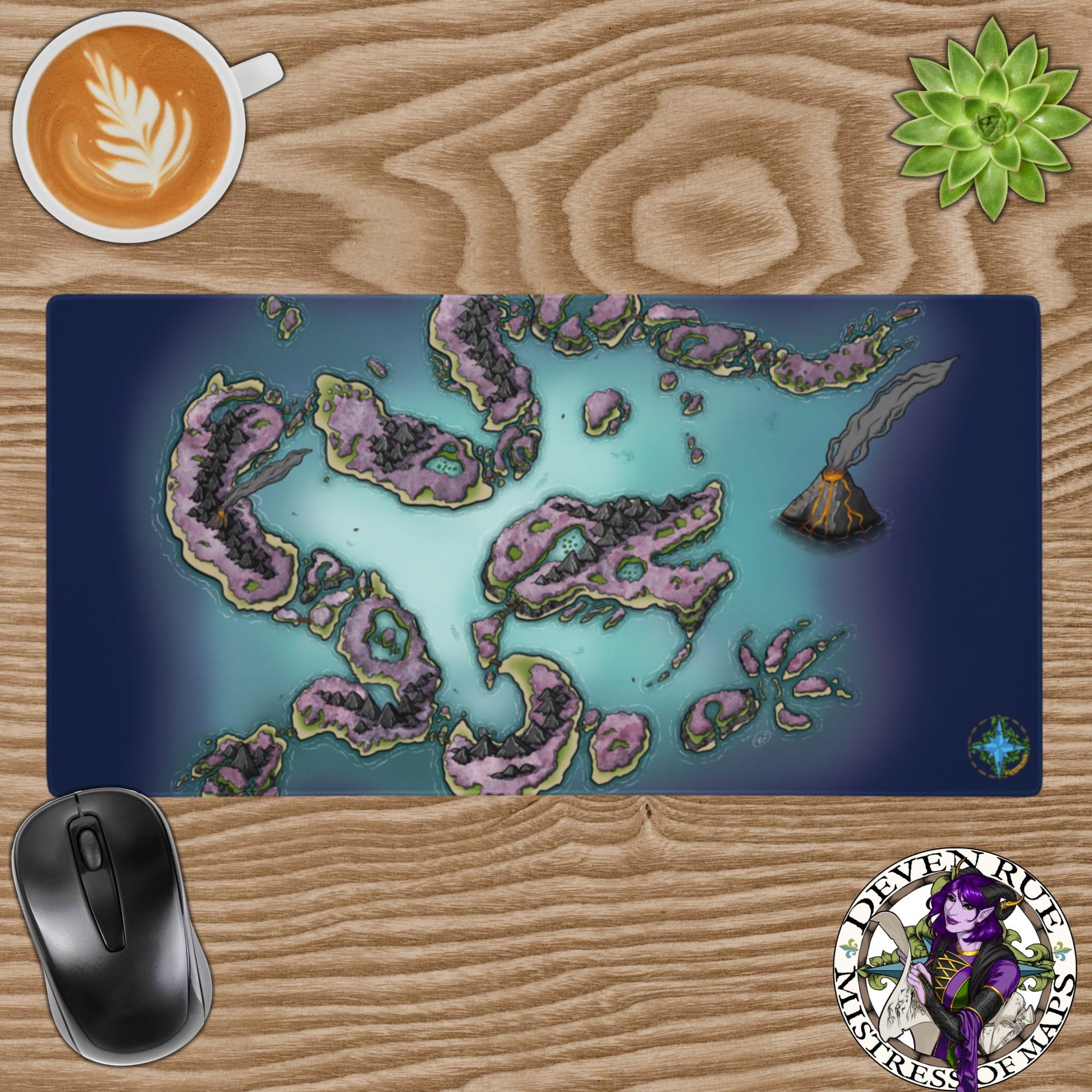 A gaming pad with a color map of the Dragon Isles by Deven Rue sits on a desk with coffee, a succulent, and a computer mouse.