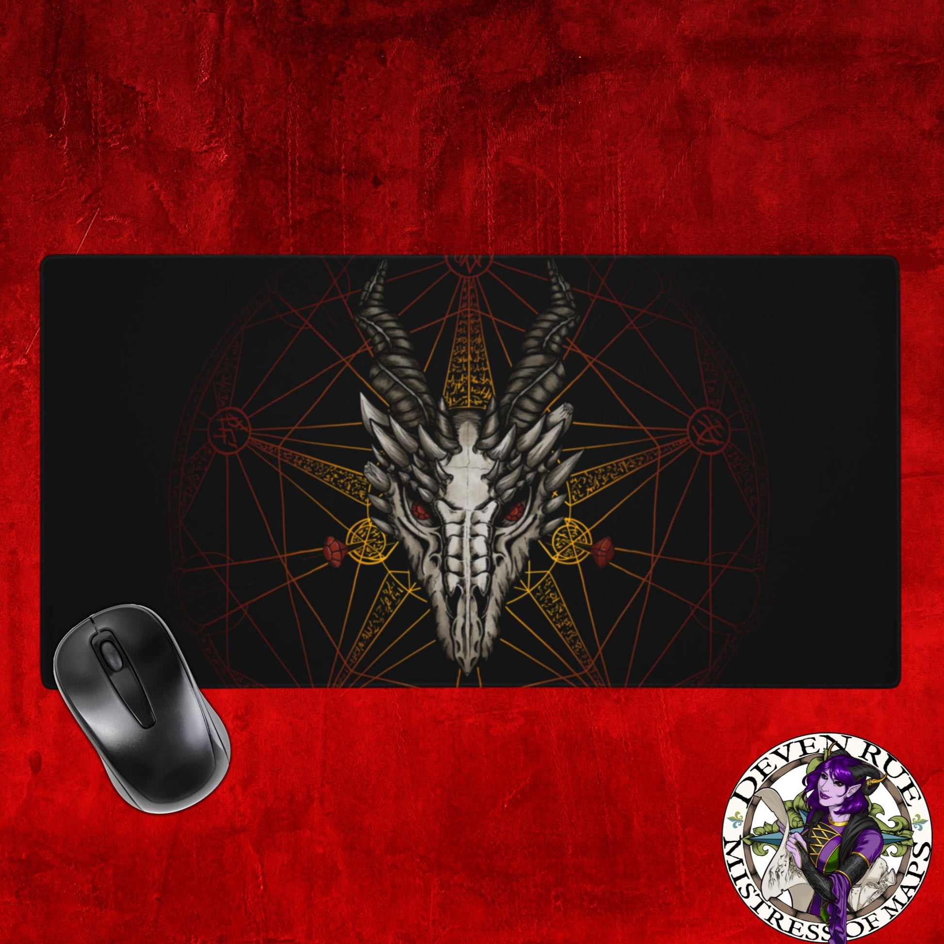 A large gaming mouse pad has the Red Dragon Summoning Circle on it, fading in from the darkness around it.