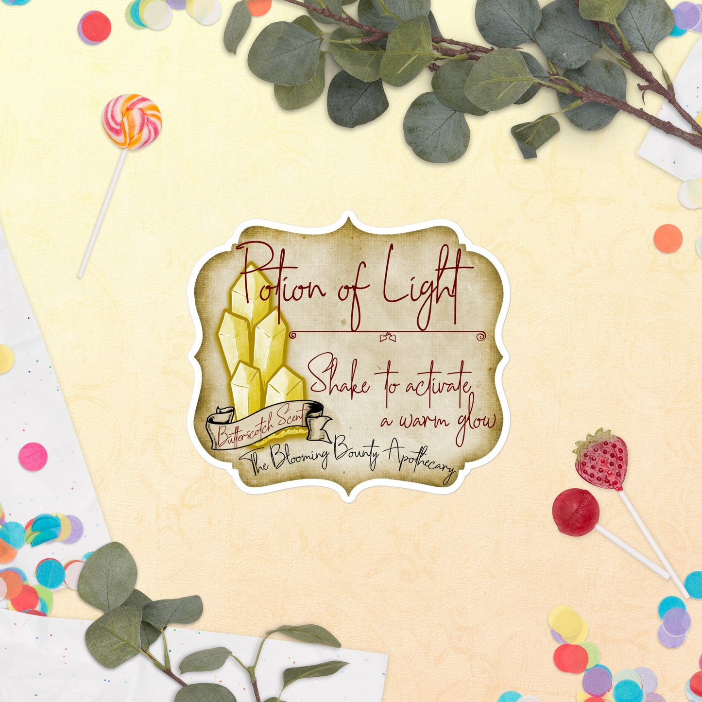 The Potion of Light label: Shake to activate a warm glow. Butterscotch Scent. The Blooming Bounty Apothecary.