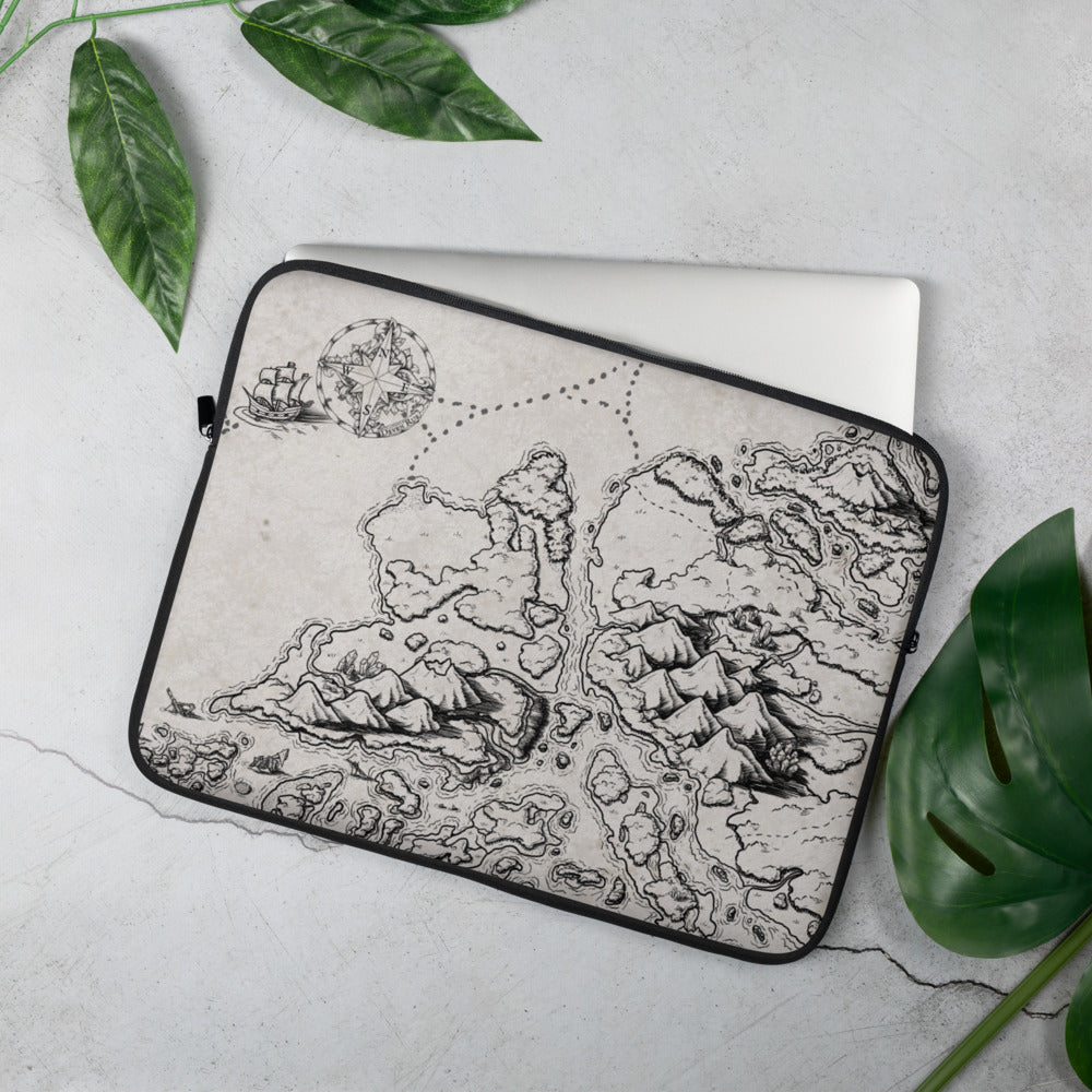 A laptop sleeve with a black and white map. Greenery is around for scale.