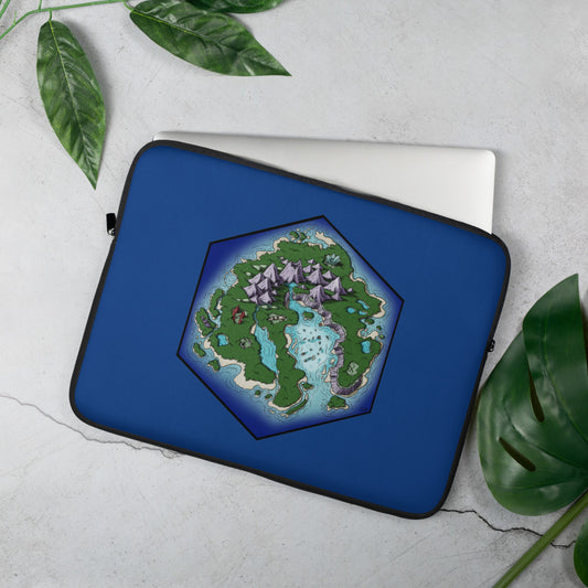 A hexagonal treasure map illustration of an island is on a laptop sleeve with leaves around it for scale.