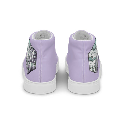 Lavender high top shoes with the Winters Edge hex map by Deven Rue on the heel, shown from the back.