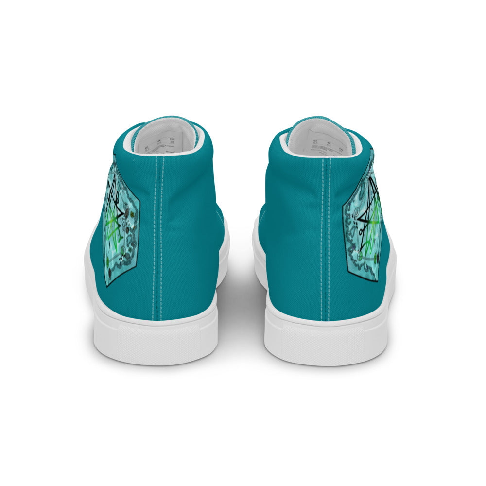 Teal high top shoes with the Discovering the Gate underwater hex map by Deven Rue on the heel, viewed from behind.