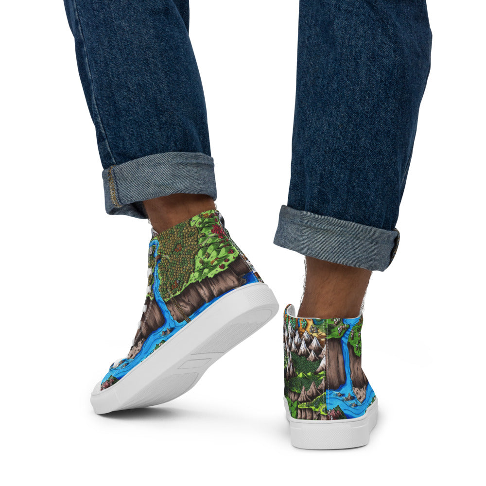 High top canvas shoes with the Augrudeen regional map print, shown worn by a model with rolled up jeans from behind.
