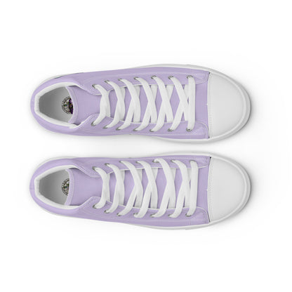 Lavender high top shoes with the Winters Edge hex map by Deven Rue on the heel, shown from the top.