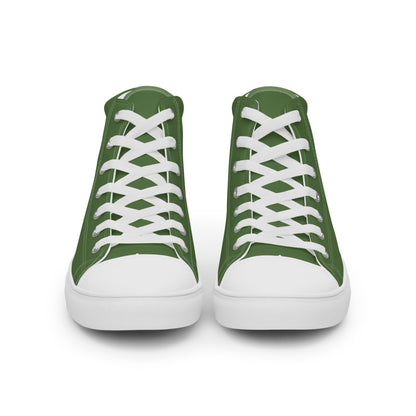 Green high top shoes with the Perilous Crossing hex map illustration by Deven Rue on the heel, front view.