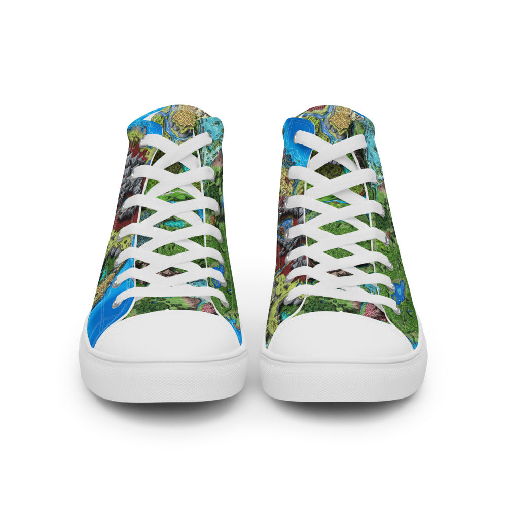 High top canvas shoes with the Taur'Syldor regional map print, front view.