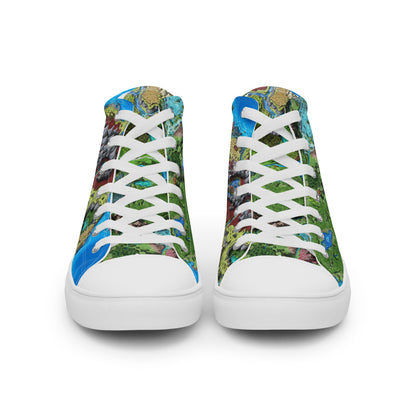 High top canvas shoes with the Taur'Syldor regional map print, front view.