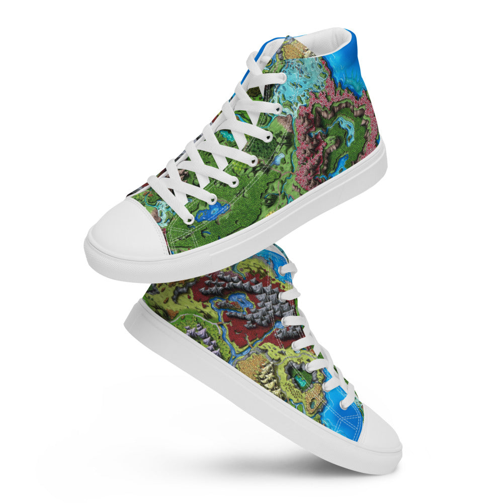High top canvas shoes with the Taur'Syldor regional map print, angled front side view.