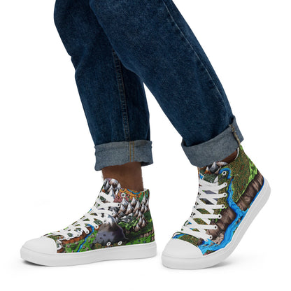 High top canvas shoes with the Augrudeen regional map print, shown worn by a model with rolled up jeans.
