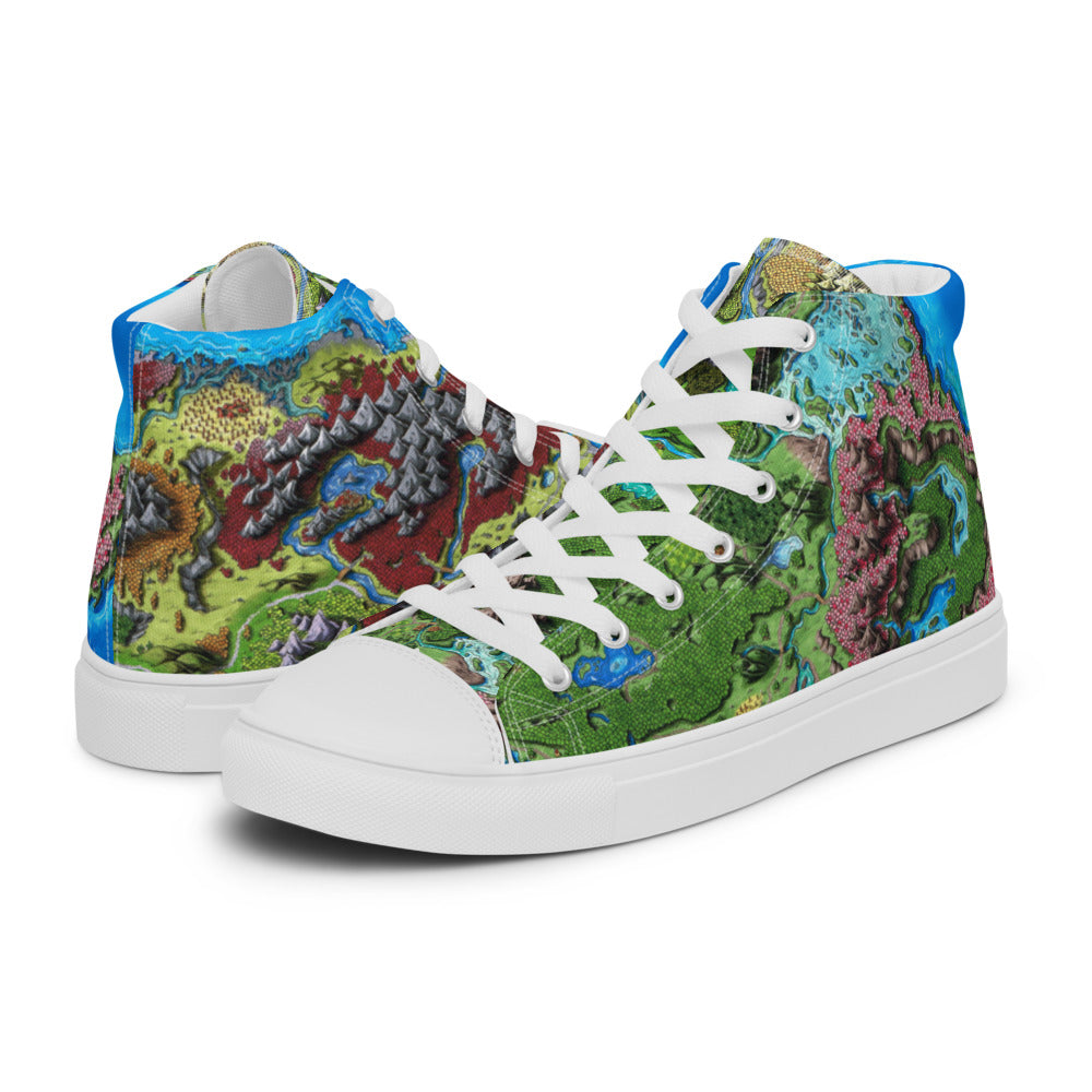 High top canvas shoes with the Taur'Syldor regional map print, left side view.