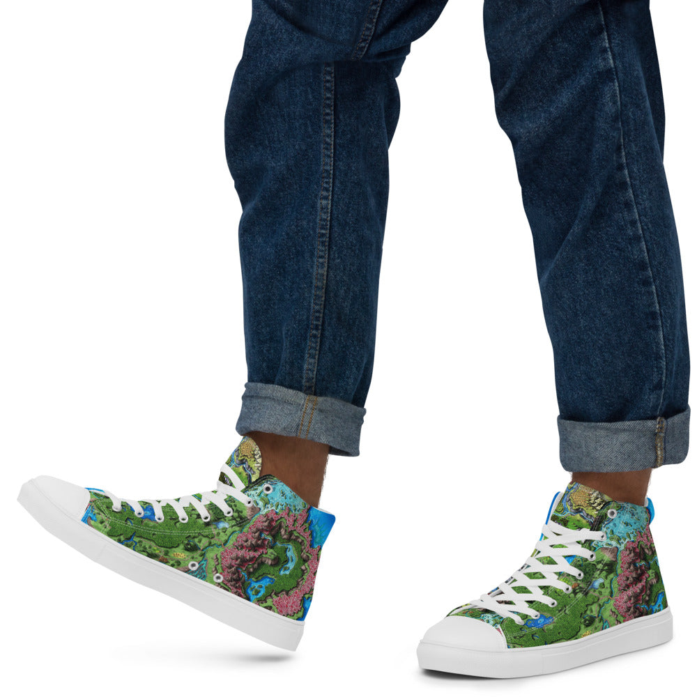 High top canvas shoes with the Taur'Syldor regional map print, shown worn with rolled up jeans.